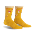 Pair of mustard yellow crew socks with a whimsical mushroom pattern. White stripes accent the cuff.