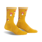 Pair of mustard yellow crew socks with a whimsical mushroom pattern. White stripes accent the cuff.