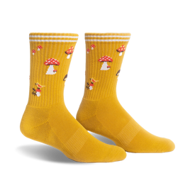 yellow crew socks with red and white mushroom pattern and blue birds. unisex.  