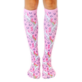Pair of pink knee-high socks featuring a repeating pattern of white unicorns pooping rainbows and purple horseshoes. [lf]