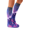 Lifestyle shot showing the Galaxy socks on a person's legs, emphasizing the length and fit. [lf]