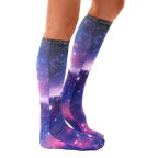 Lifestyle shot showing the Galaxy socks on a person's legs, emphasizing the length and fit. [lf]