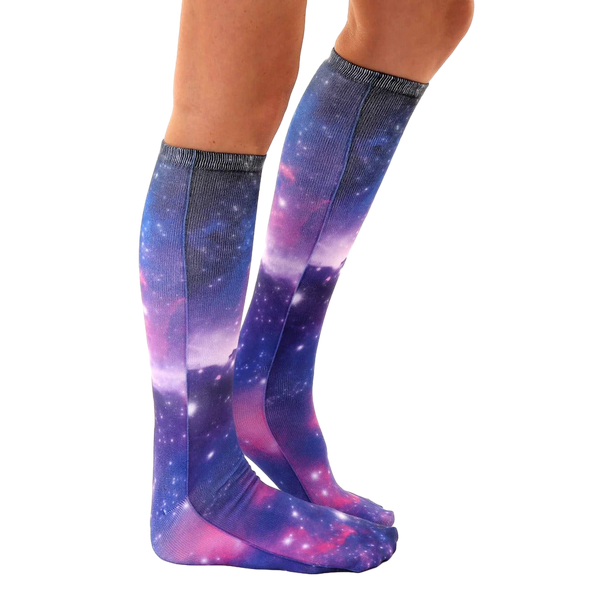 Lifestyle shot showing the Galaxy socks on a person's legs, emphasizing the length and fit. [lf]