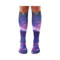 Pair of knee-high socks showcasing a vibrant galaxy print in shades of purple, blue, and pink.  Tiny white stars and nebulae are visible throughout the design.