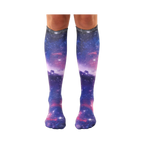 Pair of knee-high socks showcasing a vibrant galaxy print in shades of purple, blue, and pink.  Tiny white stars and nebulae are visible throughout the design.