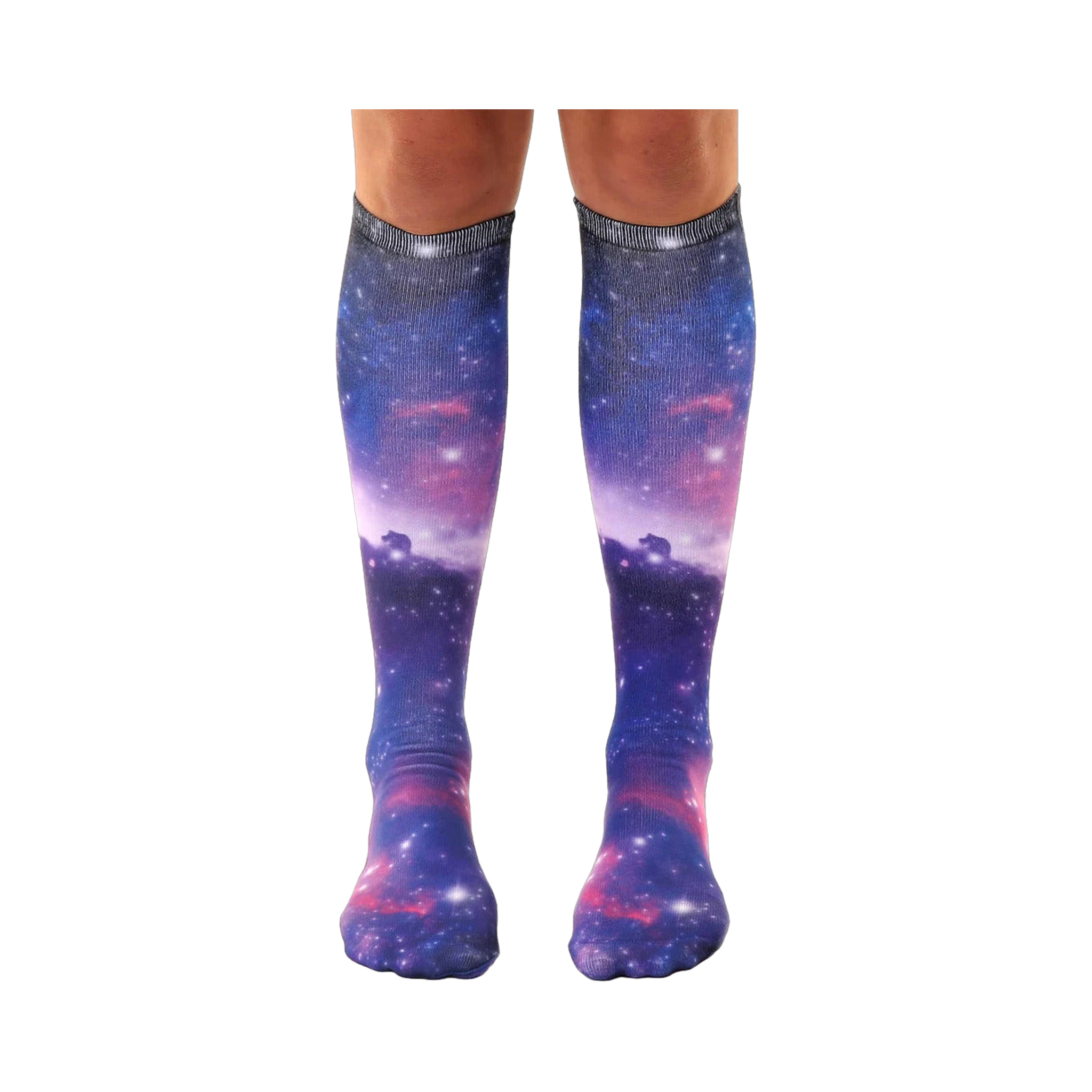 Pair of knee-high socks showcasing a vibrant galaxy print in shades of purple, blue, and pink.  Tiny white stars and nebulae are visible throughout the design.