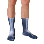 Lifestyle shot of X-Ray socks on a person's legs.  The socks' bone design is clearly visible. [lf]