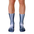 Pair of crew socks showcasing a grayscale x-ray image of feet and lower legs.  The socks are mainly dark gray with lighter gray bone details. [lf]
