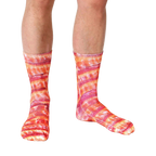 Lifestyle shot showing the bacon socks on a person's feet; from a slightly lower angle than the main image. [lf]