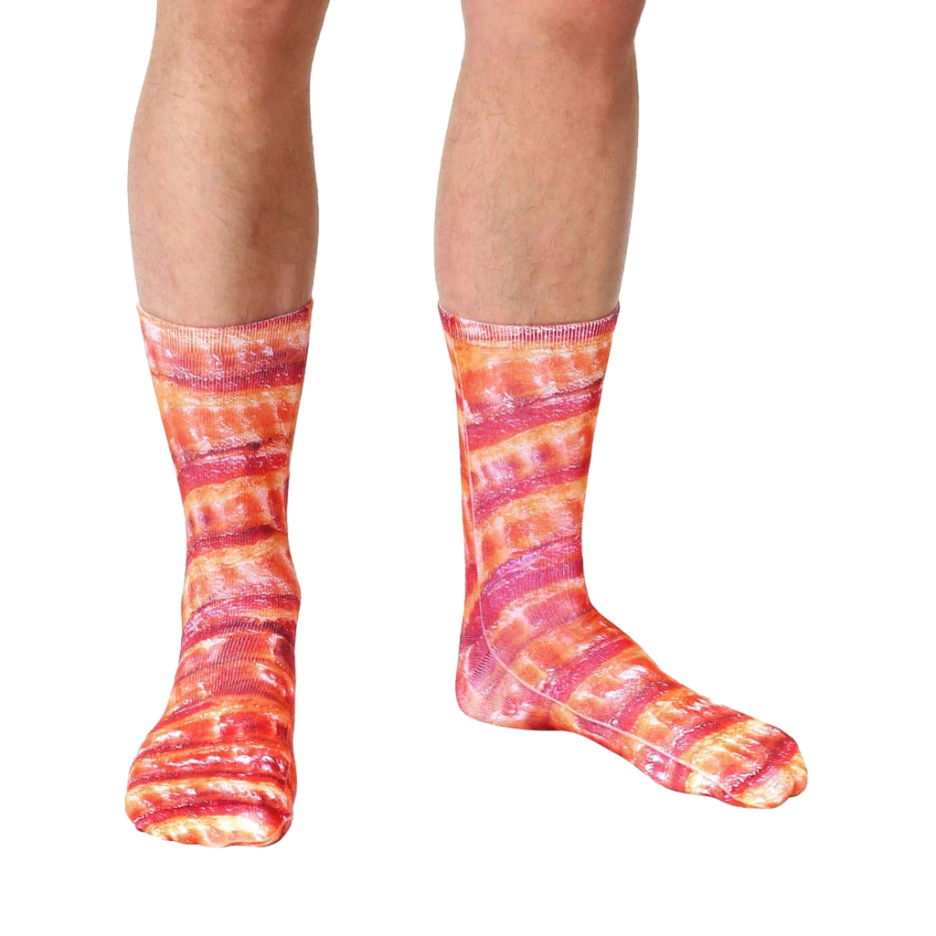 Lifestyle shot showing the bacon socks on a person's feet; from a slightly lower angle than the main image. [lf]