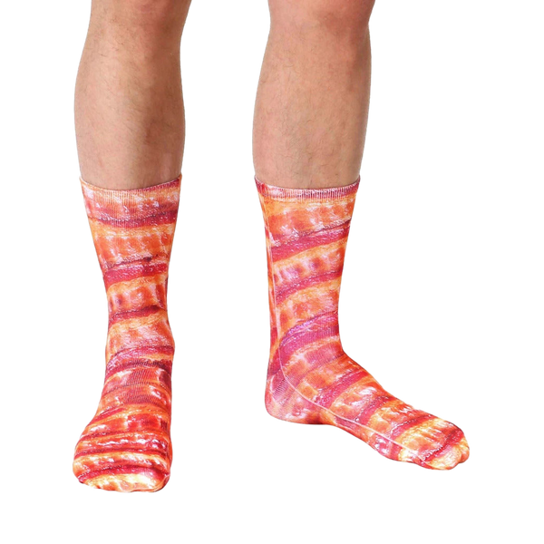 Lifestyle shot showing the bacon socks on a person's feet; from a slightly lower angle than the main image. [lf]