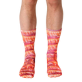 Pair of crew socks featuring a realistic bacon print in shades of red, pink, and brown.  A fun and quirky design. [lf]