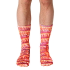 Pair of crew socks featuring a realistic bacon print in shades of red, pink, and brown.  A fun and quirky design. [lf]