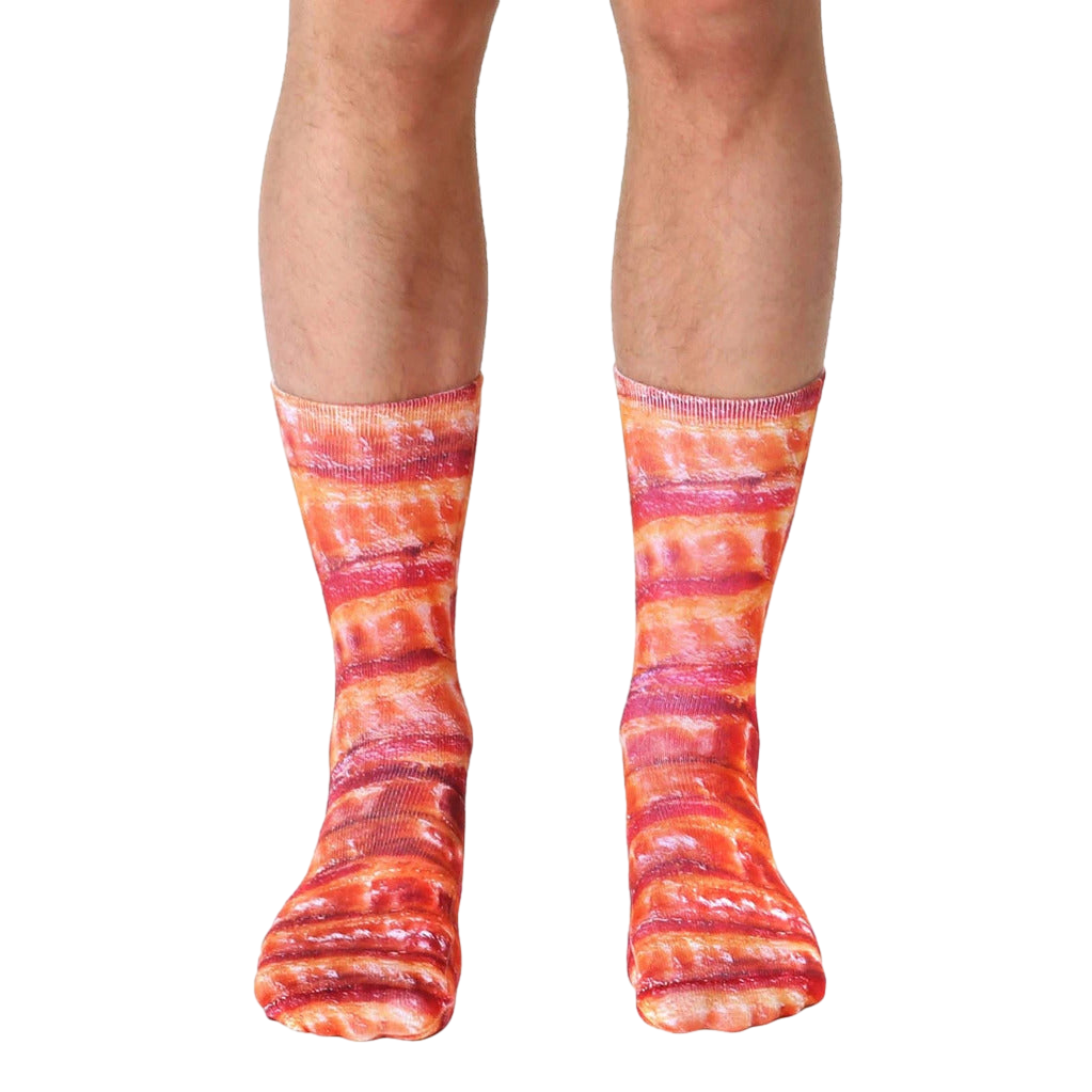 Pair of crew socks featuring a realistic bacon print in shades of red, pink, and brown.  A fun and quirky design. [lf]