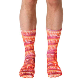 cotton bacon pattern crew socks for men and women with realistic bacon imagery  