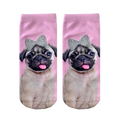 Pair of pink ankle socks featuring an adorable pug puppy wearing a silver glitter bow. [lf]