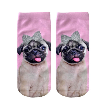 womens ankle socks with image of fawn pug wearing sparkly silver bow on sock.  