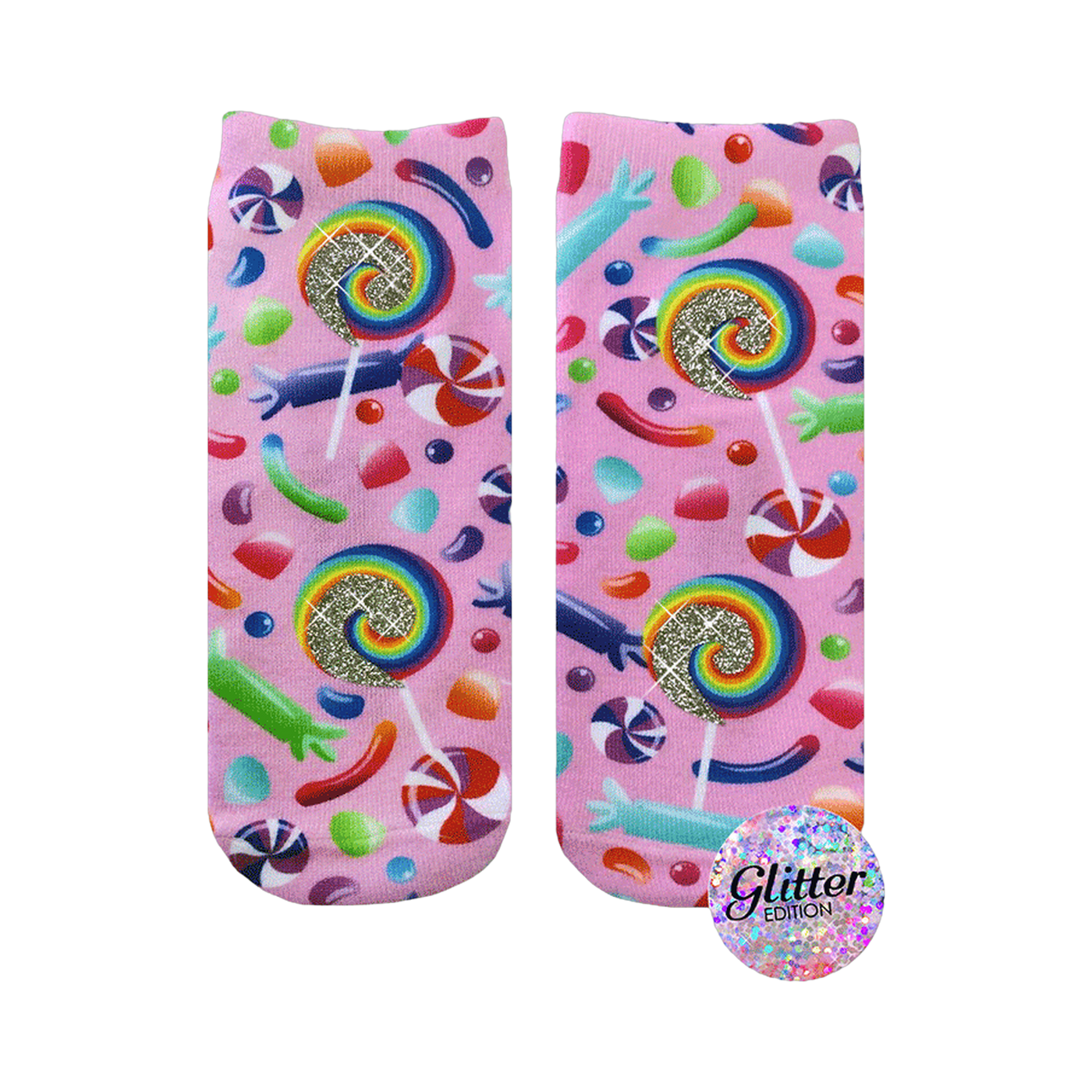 A pair of pink crew socks with a candy design.  Lollipops, gummy candies, and swirl candies are printed on a pink background with glitter accents.