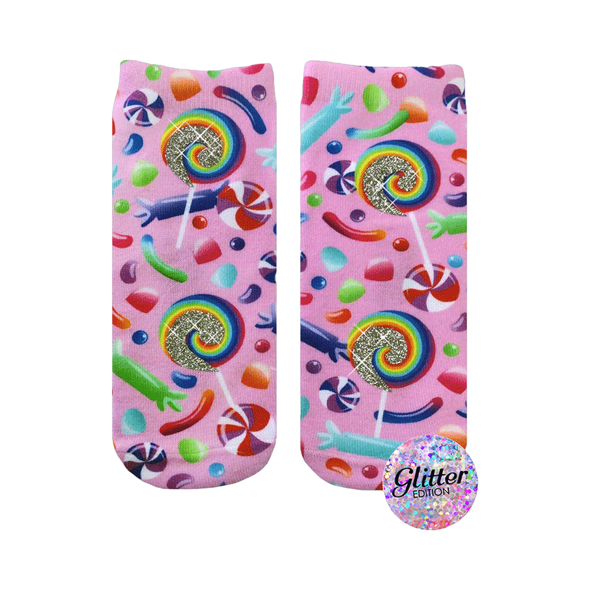 A pair of pink crew socks with a candy design.  Lollipops, gummy candies, and swirl candies are printed on a pink background with glitter accents.