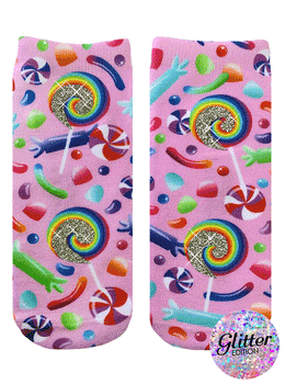 pink glitter lollipop candies gumdrops jelly bean print womens ankle socks.  