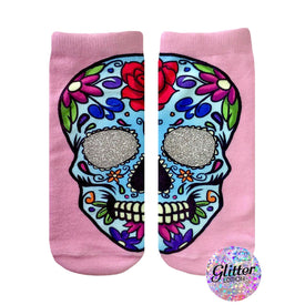 women's ankle socks with blue & multicolored floral sugar skulls & silver glitter over eye sockets.  