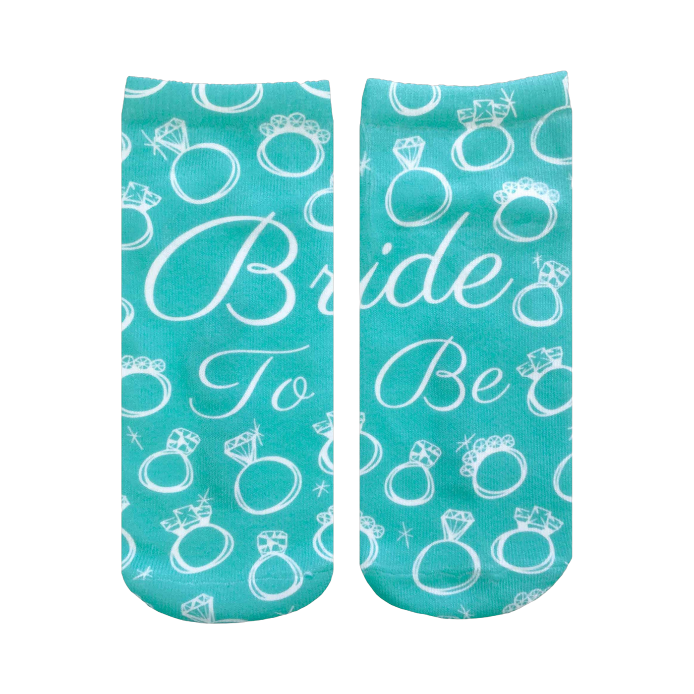 A pair of teal ankle socks with a pattern of white rings and diamonds. Text reads, 'Bride To Be'. Perfect for brides-to-be!