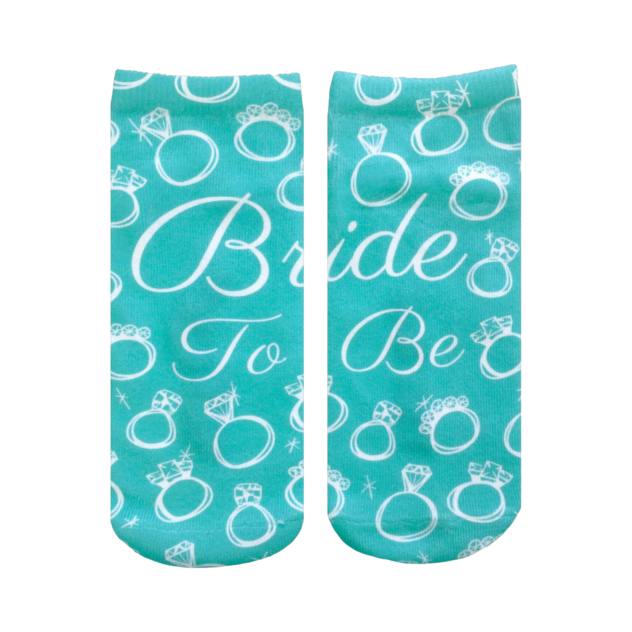 A pair of teal ankle socks with a pattern of white rings and diamonds. Text reads, 'Bride To Be'. Perfect for brides-to-be!