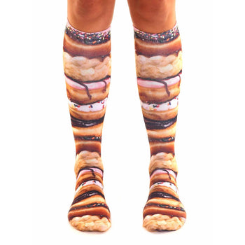stacked donut donut themed mens & womens unisex multi novelty knee high socks