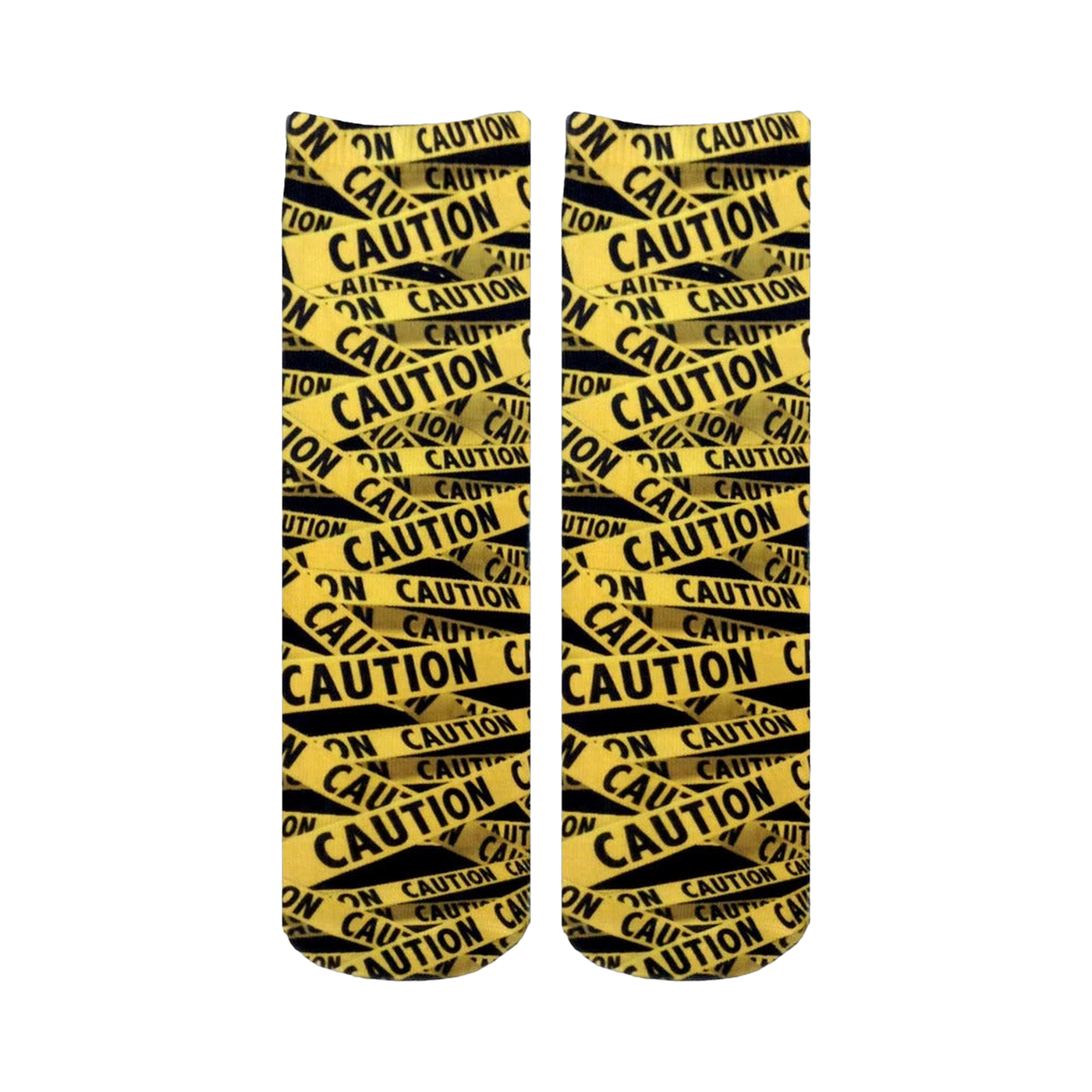 Pair of crew socks with a repeating caution tape pattern in black and yellow.  The design features the word 'CAUTION' printed on the tape.