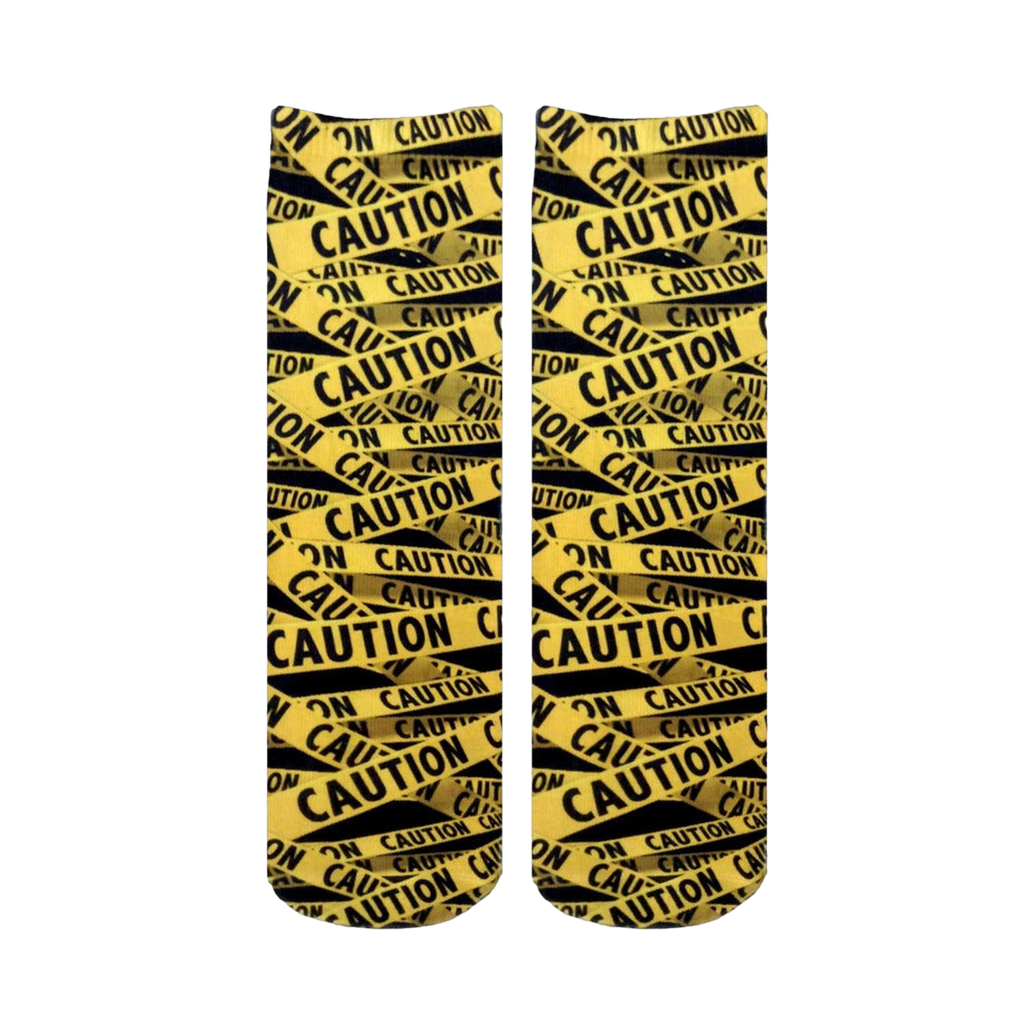 Pair of crew socks with a repeating caution tape pattern in black and yellow.  The design features the word 'CAUTION' printed on the tape.