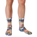 A close-up shot of Galaxy Kitty socks, highlighting the detailed cat faces and bright colors. [lf]