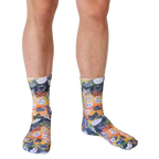 A close-up shot of Galaxy Kitty socks, highlighting the detailed cat faces and bright colors. [lf]