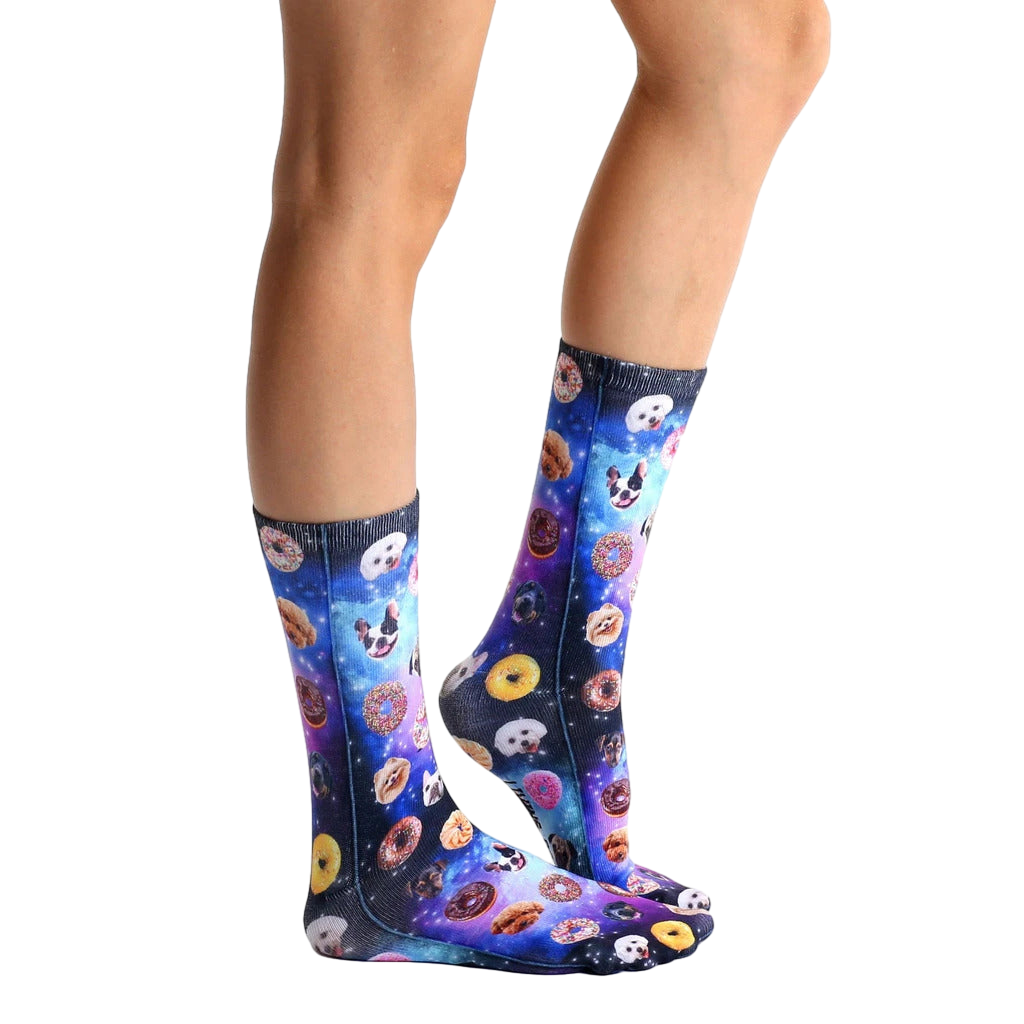 Lifestyle shot of Dog Cravings socks on a person's feet, showcasing the design and fit. [lf]