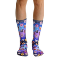 Crew socks featuring a galaxy print with donuts and various dog breeds.  Purple, blue, and black colors. [lf]