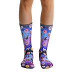 Crew socks featuring a galaxy print with donuts and various dog breeds.  Purple, blue, and black colors. [lf]