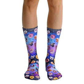 colorful dog themed socks with space donuts and sprinkles pattern. for men and women.   