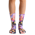 Crew socks with a vibrant purple, pink, and black space-themed design.  Multiple cats enjoying various foods like pizza and tacos are featured. [lf]
