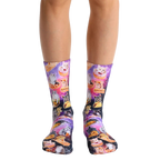 Crew socks with a vibrant purple, pink, and black space-themed design.  Multiple cats enjoying various foods like pizza and tacos are featured. [lf]