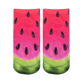 Pair of ankle socks with a realistic watermelon print.  Red, pink, green, and black colors create a juicy watermelon design.