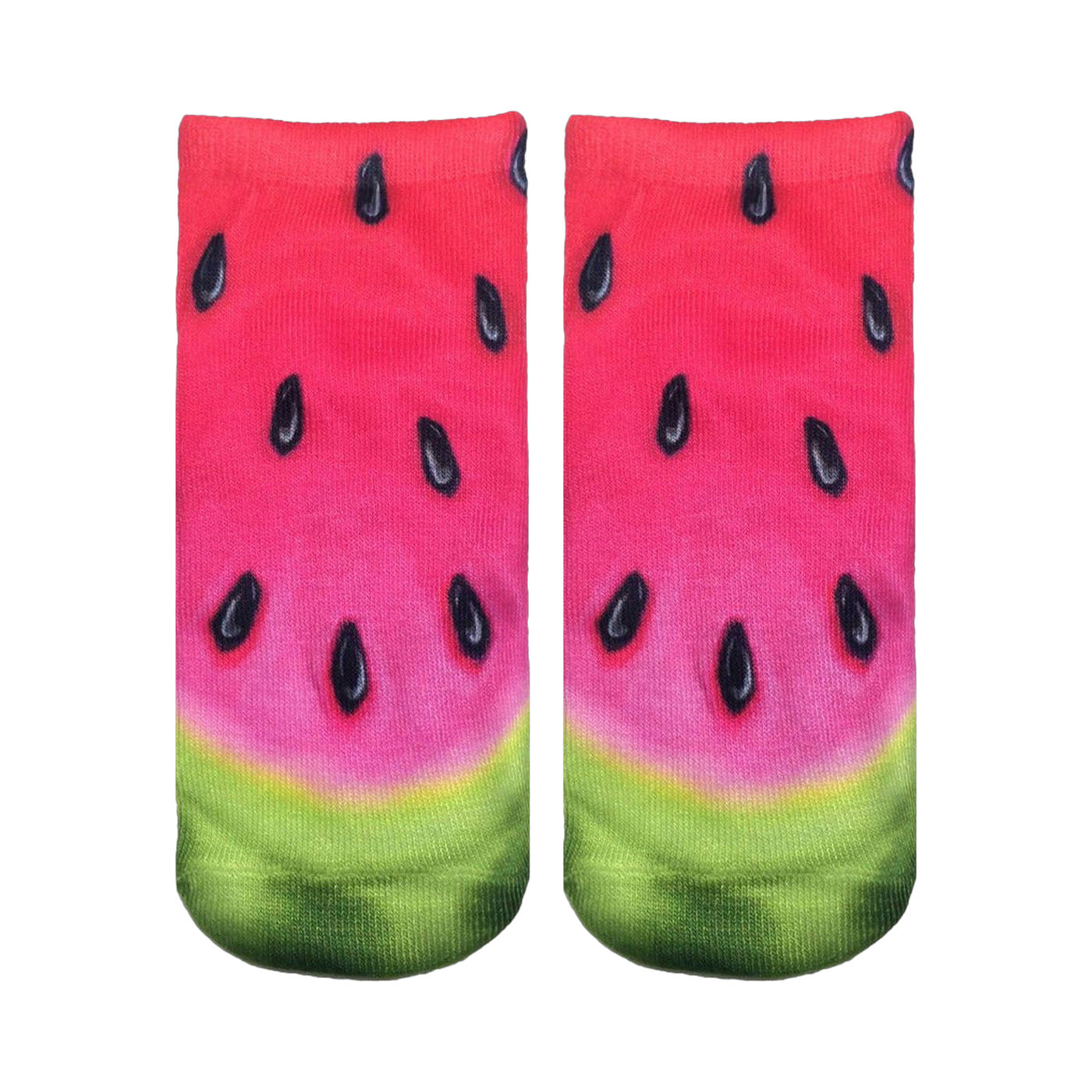 Pair of ankle socks with a realistic watermelon print.  Red, pink, green, and black colors create a juicy watermelon design.