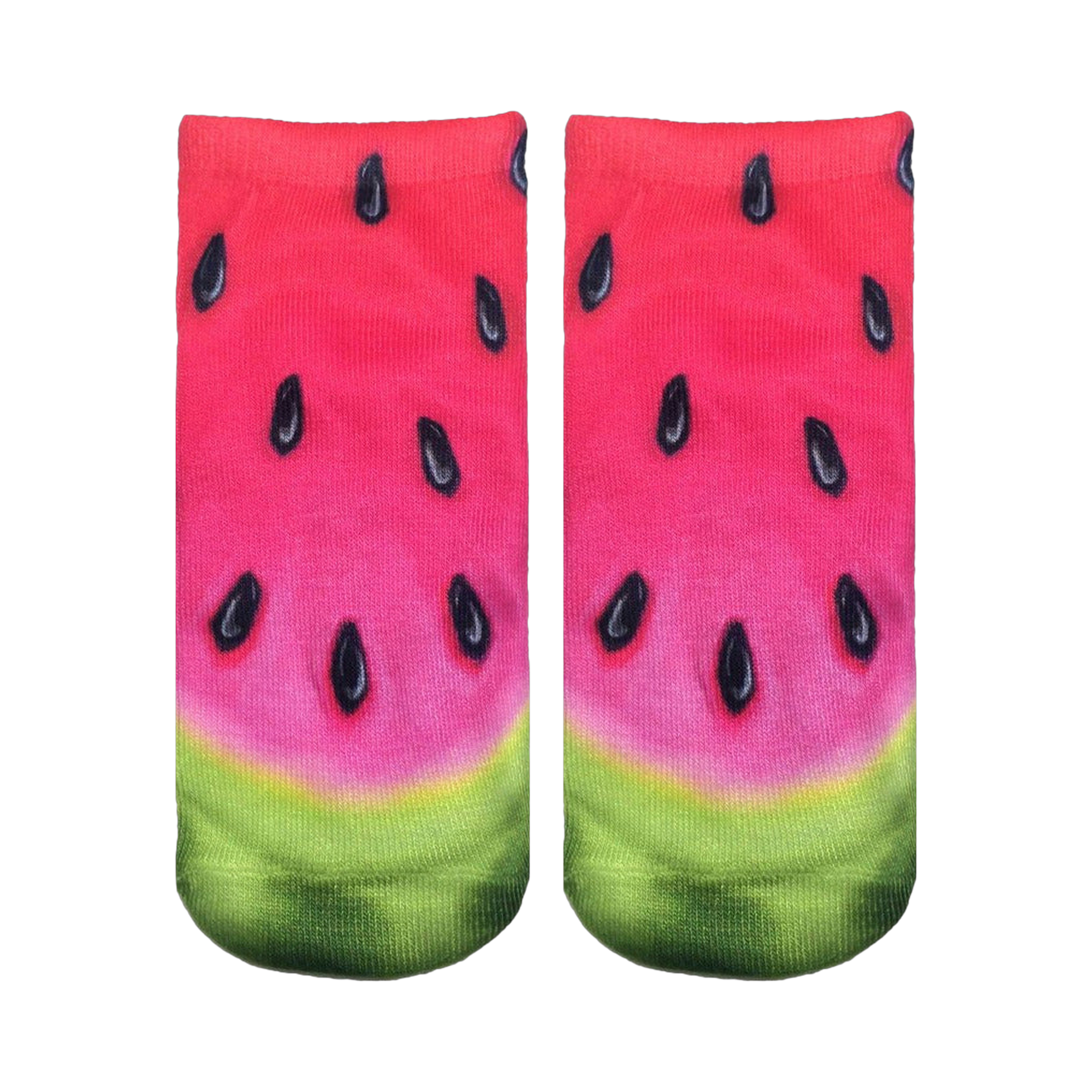 Pair of ankle socks with a realistic watermelon print.  Red, pink, green, and black colors create a juicy watermelon design.