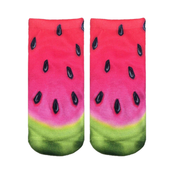 Pair of ankle socks with a realistic watermelon print.  Red, pink, green, and black colors create a juicy watermelon design.