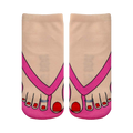 Pair of beige ankle socks with a whimsical pink flip-flop design.  Features cartoon feet with red nail polish and toe rings.