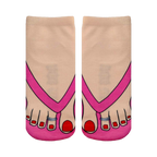 Pair of beige ankle socks with a whimsical pink flip-flop design.  Features cartoon feet with red nail polish and toe rings.