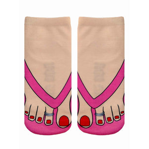 photo-realistic pink flip-flop feet socks with painted red toenails.   