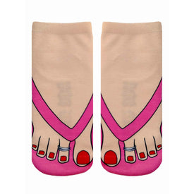 photo-realistic pink flip-flop feet socks with painted red toenails.   