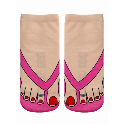 photo-realistic pink flip-flop feet socks with painted red toenails.   