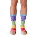 A pair of crew socks with a vibrant ice cream cone design. The socks show layers of purple, green, yellow, and pink ice cream on a waffle cone. [lf]