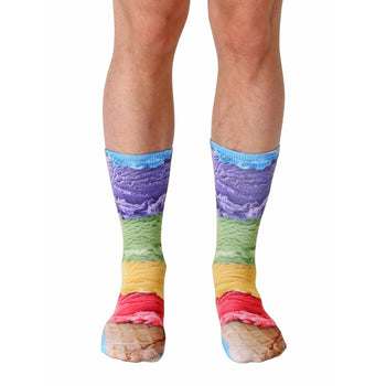 unisex ice cream crew socks with multicolor scoops of purple, green, yellow, red, and brown topped with a blue sky.  