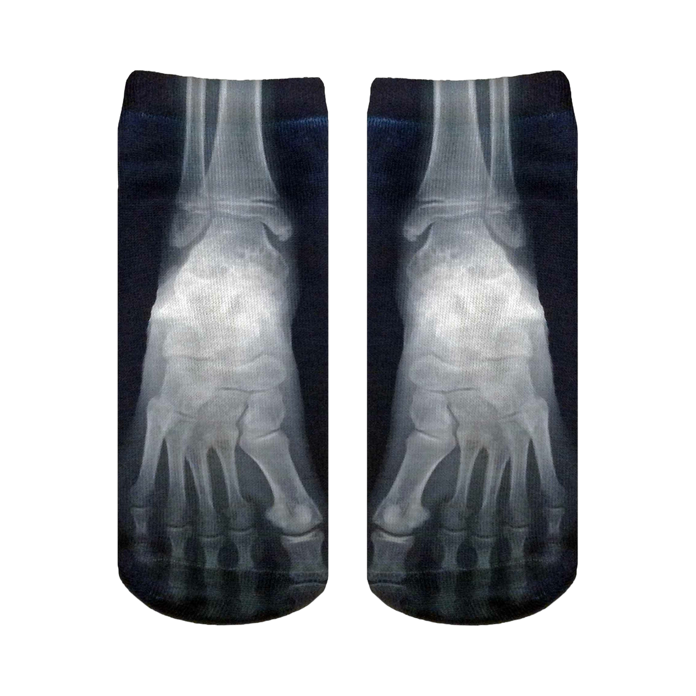 Pair of black ankle socks with a grayscale X-ray image of feet printed on them.  The design shows the bones of the feet in detail.